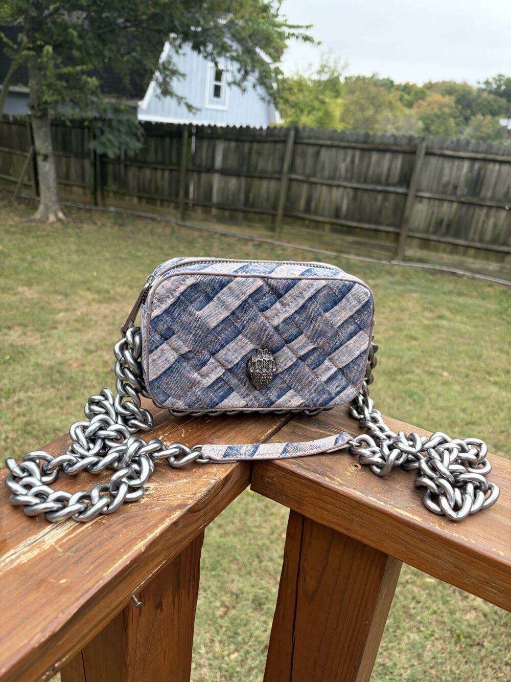 Kurt Geiger Pink Blue Denim Weave Quilted Zip Camera Purse Crossbody Chain Strap